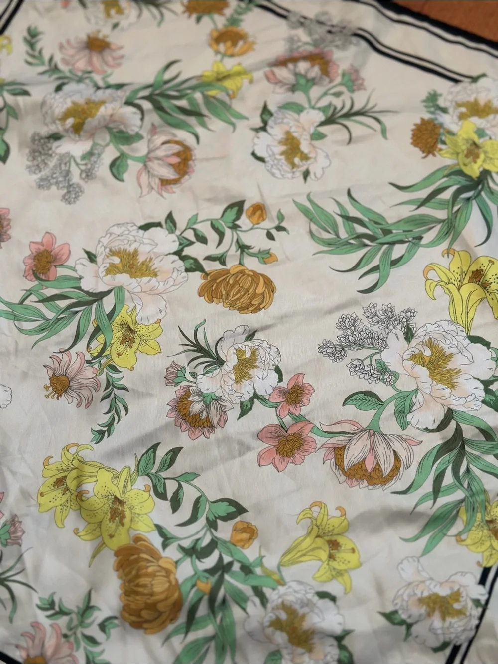 Vintage Style Floral Botanical Square Scarf 22x22 Ivory Black Border Hair Neck